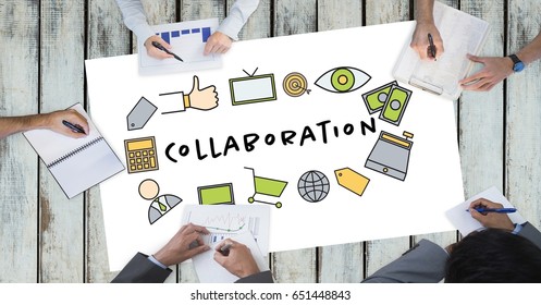 Digital Composite Of Collaboration Text By Icons And Business People On Table