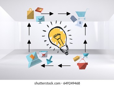 Digital composite of Colourful lightbulb with online shopping drawings graphics