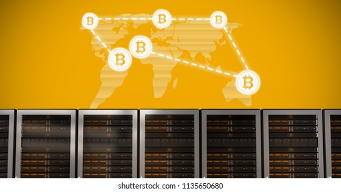 Digital composite of Computer servers and bitcoin technology information interface