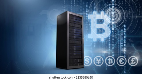 Digital composite of Computer servers and bitcoin technology information interface