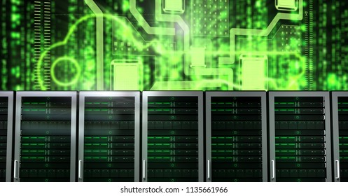 Digital composite of Computer servers and technology information interface