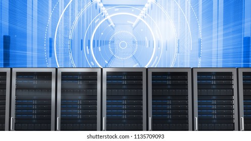 Digital composite of Computer servers and technology information interface