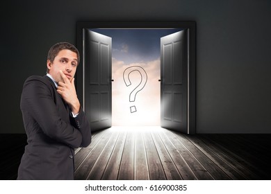 Digital composite of Confused businessman standing with door and question mark sign in background - Powered by Shutterstock