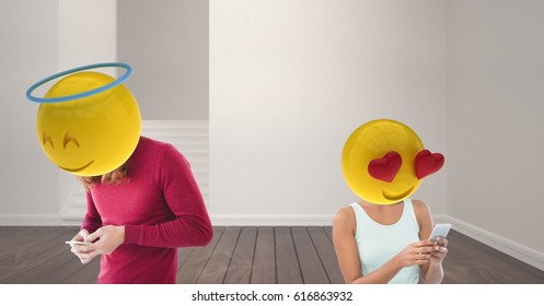 Digital composite of couple speaking at WhatsApp. Love. Emoji heads. - Powered by Shutterstock