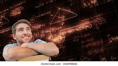 Digital composite of Digitally generated image of man looking at glowing mathematical equations