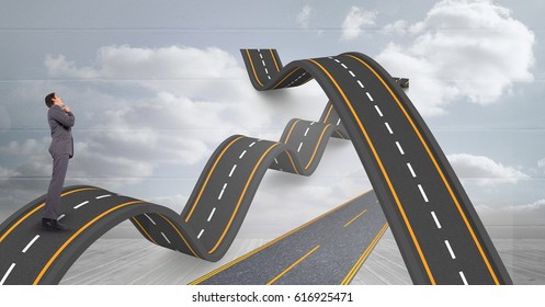 Digital composite of Digitally generated image of confused businessman on wavy road in sky - Powered by Shutterstock