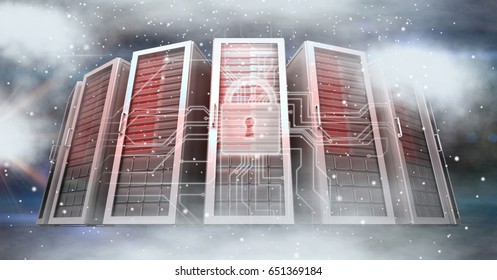 Digital composite of Digitally generated image of servers and icons in sky