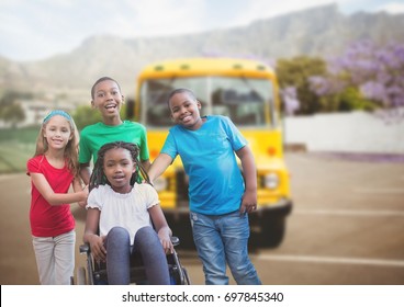 Digital composite of Disabled girl in wheelchair with friends in front of school bus - Powered by Shutterstock