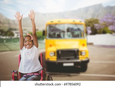 Digital composite of Disabled girl in wheelchair in front of school bus - Powered by Shutterstock