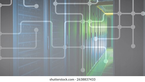 Digital composite of dots interconnecting with lines over server room. image, multiple exposure, network security, data center, networking, technology and network server concept.
