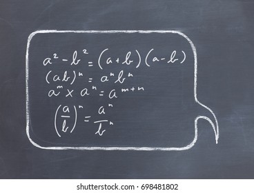 Digital composite of equations in chat bubble on blackboard