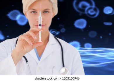 Digital composite of female doctor holding a needle - Powered by Shutterstock