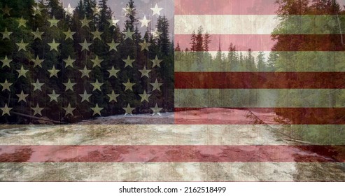 Digital Composite Of Forest With River Against Animated American Flag Background