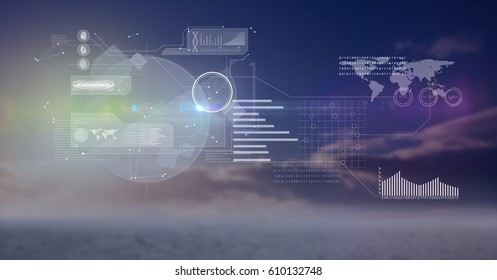 Digital composite of futuristic interface against evening landscape