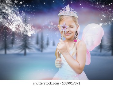 Digital Composite Of Girl With Fairy Princess Costume And Frozen Winter Forest