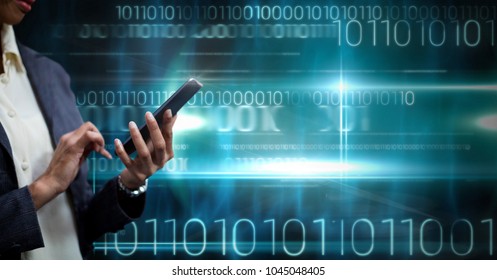 Digital composite of Hand holding phone with binary code technology background