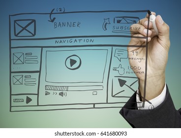 Digital composite of Hand with marker and website mock up against blue green background