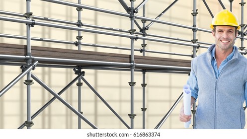 Digital composite of happy architect in front of 3D scaffolding - Powered by Shutterstock