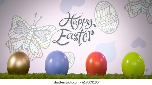 Digital composite of Happy Easter text with Easter eggs in front of pattern