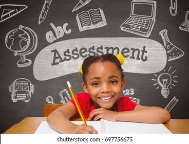 Digital composite of Happy student girl at table against grey blackboard with assessment text and education and school gr