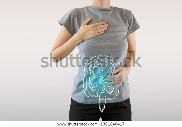 Digital composite of
highlighted blue healthy intestine of woman / health care &
medicine concept