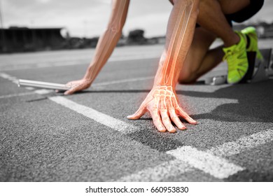 Digital Composite Of Highlighted Bones Of Man About To Race