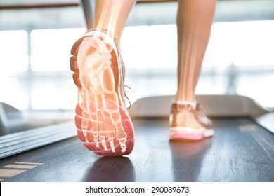 Digital composite of Highlighted foot of woman on treadmill