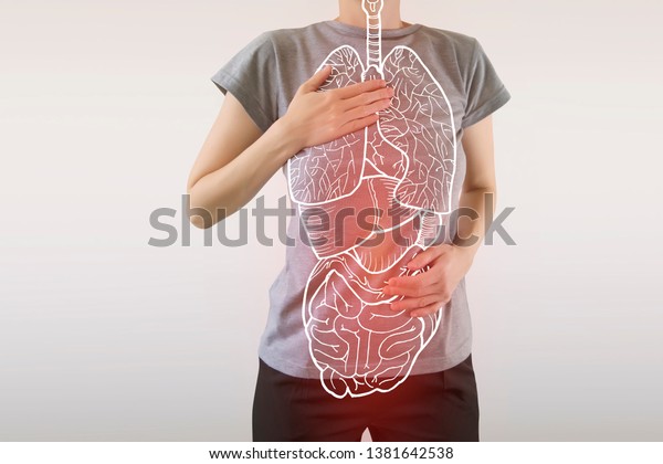 digital composite of highlighted red internal\
organs suffering from serious\
disease
