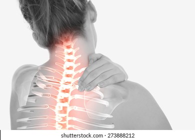 Digital composite of Highlighted spine of woman with neck pain - Shutterstock ID 273888212