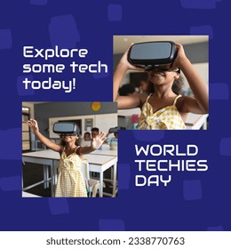 Digital composite image of biracial girl enjoying virtual reality with world techies day text. Celebration, encouragement, career in technology, opportunities, awareness, advancement. - Powered by Shutterstock