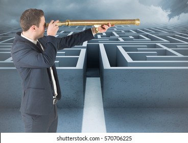 Digital Composite Image Of Business Man With Telescope Looking Over Maze