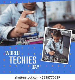 Digital composite image of caucasian girl repairing motherboard with world techies day text. Celebration, encouragement, career in technology, opportunities, awareness, advancement. - Powered by Shutterstock