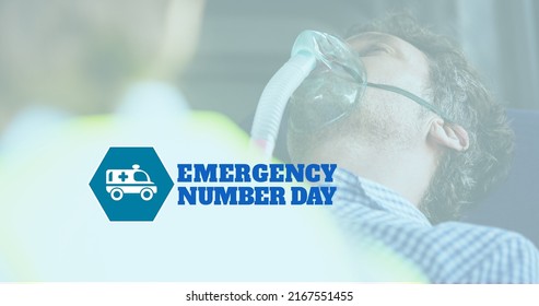 Digital composite image of caucasian man wearing oxygen mask with emergency number day text. Copy space, emergency assistance, public safety answering point, universal emergency number. - Powered by Shutterstock