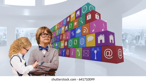 Digital composite of Digital composite image of children with app icons