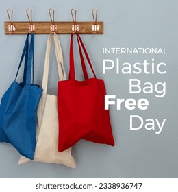 Digital composite image of colorful textile bags with international plastic bag free day text. awareness and nature conservation concept, celebration, plastic bags free day. - Powered by Shutterstock
