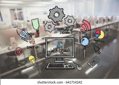 Digital composite of Digital composite image of computer graphic amidst various icons in office