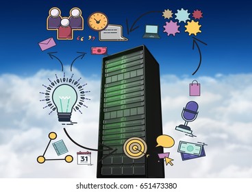 Digital composite of Composite image of data server and drawings