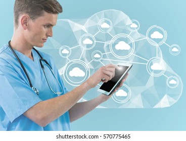 Digital composite image of doctor using digital tablet against cloud computing icons on blue background