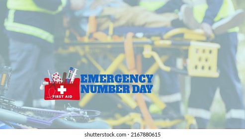 Digital composite image of emergency number day text with paramedics in background, copy space. Emergency assistance, public safety answering point, universal emergency number, medical emergency. - Powered by Shutterstock