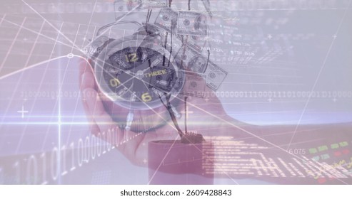 Digital composite image of financial data processing against man holding alarm clock. finance and economy concept