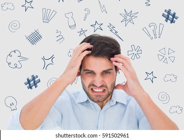 Digital composite image of frustrated man standing with graphics over head - Shutterstock ID 591502961
