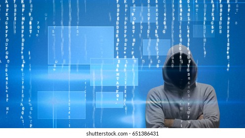 Digital composite of Digital composite image of hacker standing arms crossed
