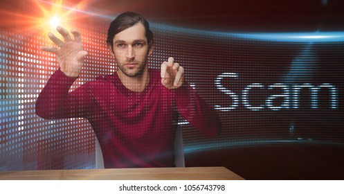 Digital composite of Digital composite image of hacker touching screen