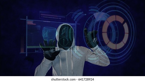 Digital composite of Digital composite image of hacker touching virtual screen