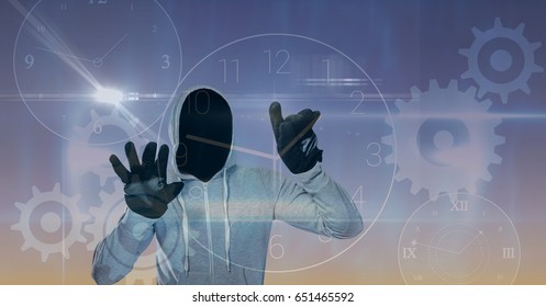 Digital composite of Digital composite image of hacker touching screen