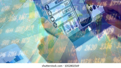 Digital composite of Digital composite image of hands using digital tablet with overlay