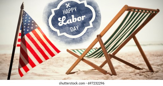 Digital Composite Image Of Happy Labor Day Text With Tools On Blue Poster Against Beach Chairs On Tropical Sand Beach