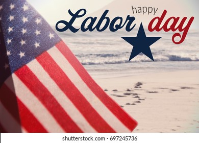 Digital Composite Image Of Happy Labor Day Text With Star Shape Against Scenic View Of Beach