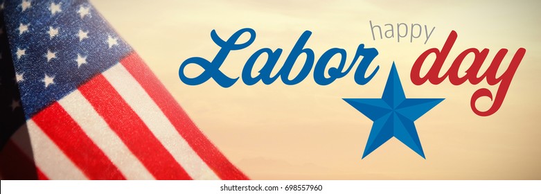 Digital Composite Image Of Happy Labor Day Text With Star Shape Against View Of Beach During Sunset