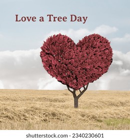 Digital composite image of love a tree day text over red tree in heart shape against sky. nature and environmental conservation concept. - Powered by Shutterstock